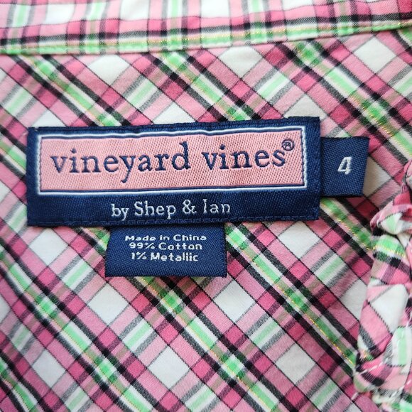 Vineyard Vines Pink & Green Plaid Ruffle Collar Button-Down Shirt Blouse, Sz 4 - Picture 4 of 11